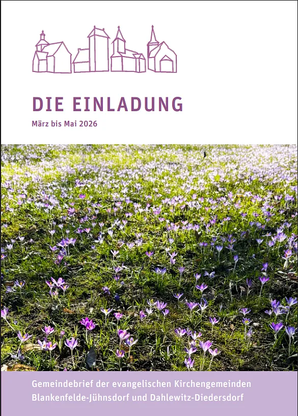 Titelblatt des Gemeindebriefs „Die Einladung“, März bis Mai 2026, mit Krokuswiese